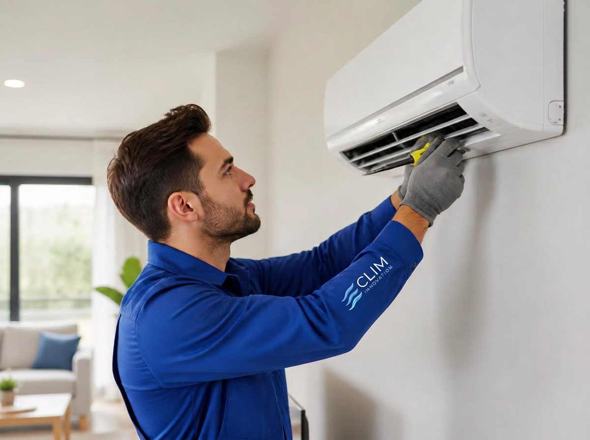 Technicien ClimInnovation installant une climatisation réversible
